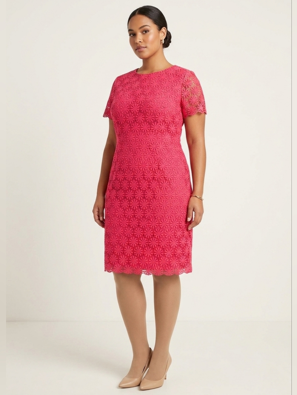 NWT Talbots Circle Geo Lace Sheath in Larosa Pink Crochet Overlay Dress 8P